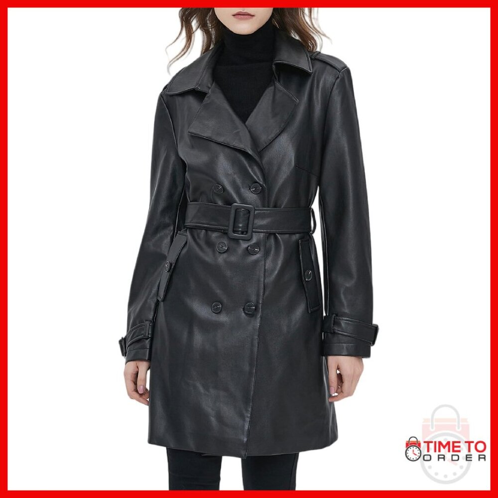Waterproof Faux Leather Blazer Jacket, Double-Breasted, Belted Waist